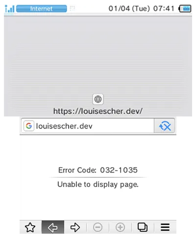 A screenshot from a Nintendo 3DS system showing the website louisescher.dev unable to be loaded.