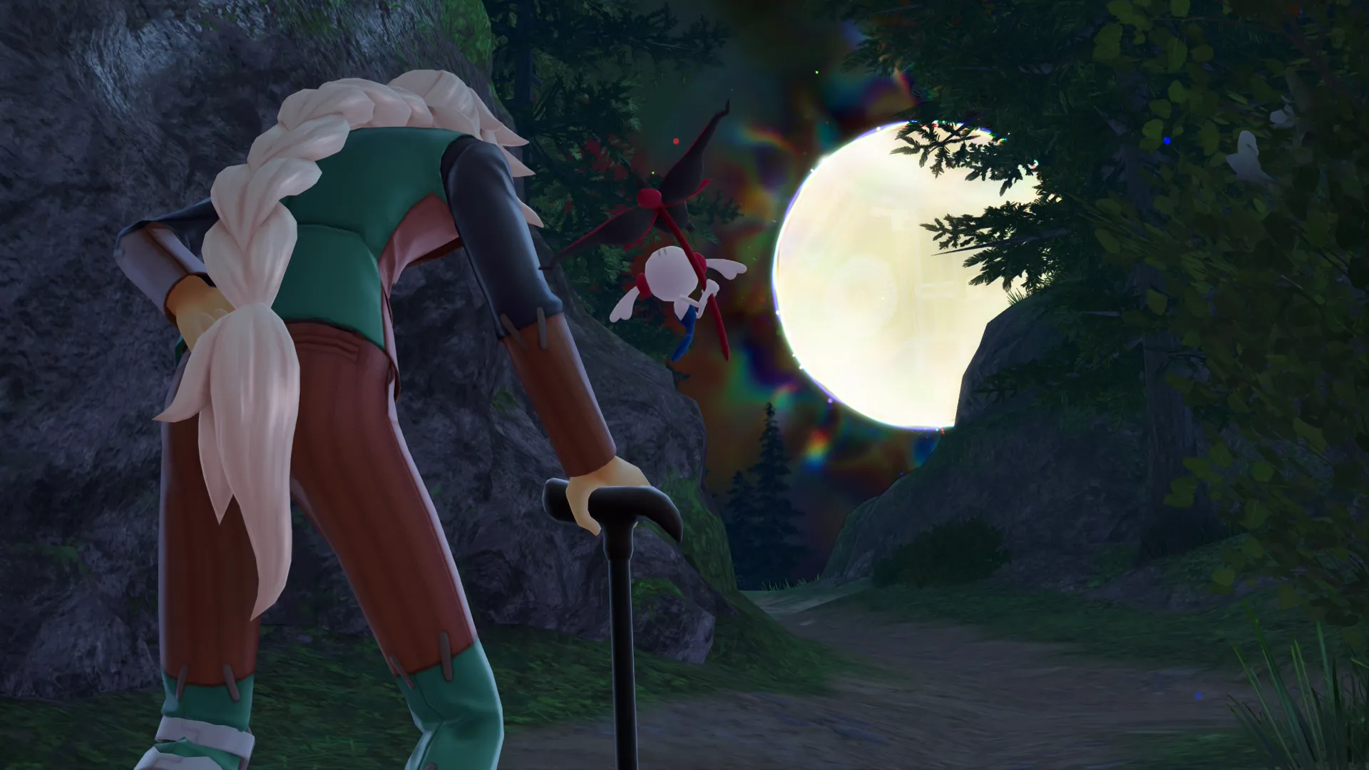 A screenshot showing the back of AZ and his partner Pokémon, Floette.