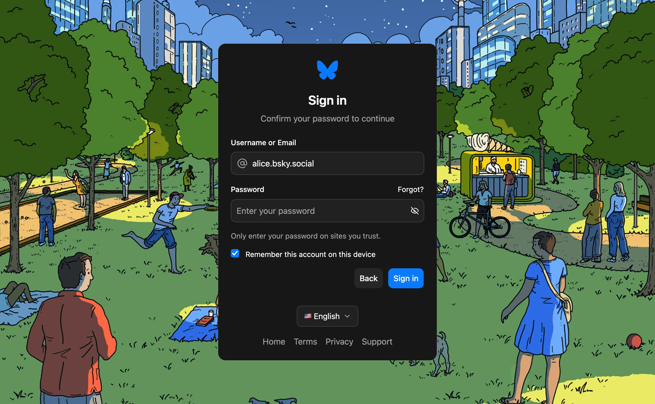 The Bluesky PDS’s OAuth login screen, showing the login prompt for alice.bsky.social.