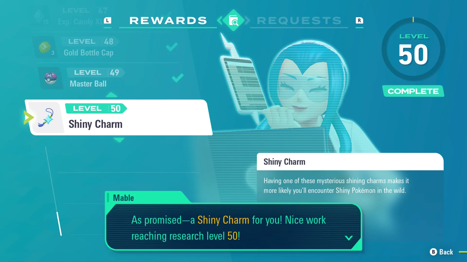 The page for Mable's requests is shown, with the Level 50 Award, the Shiny Charm, just being unlocked.