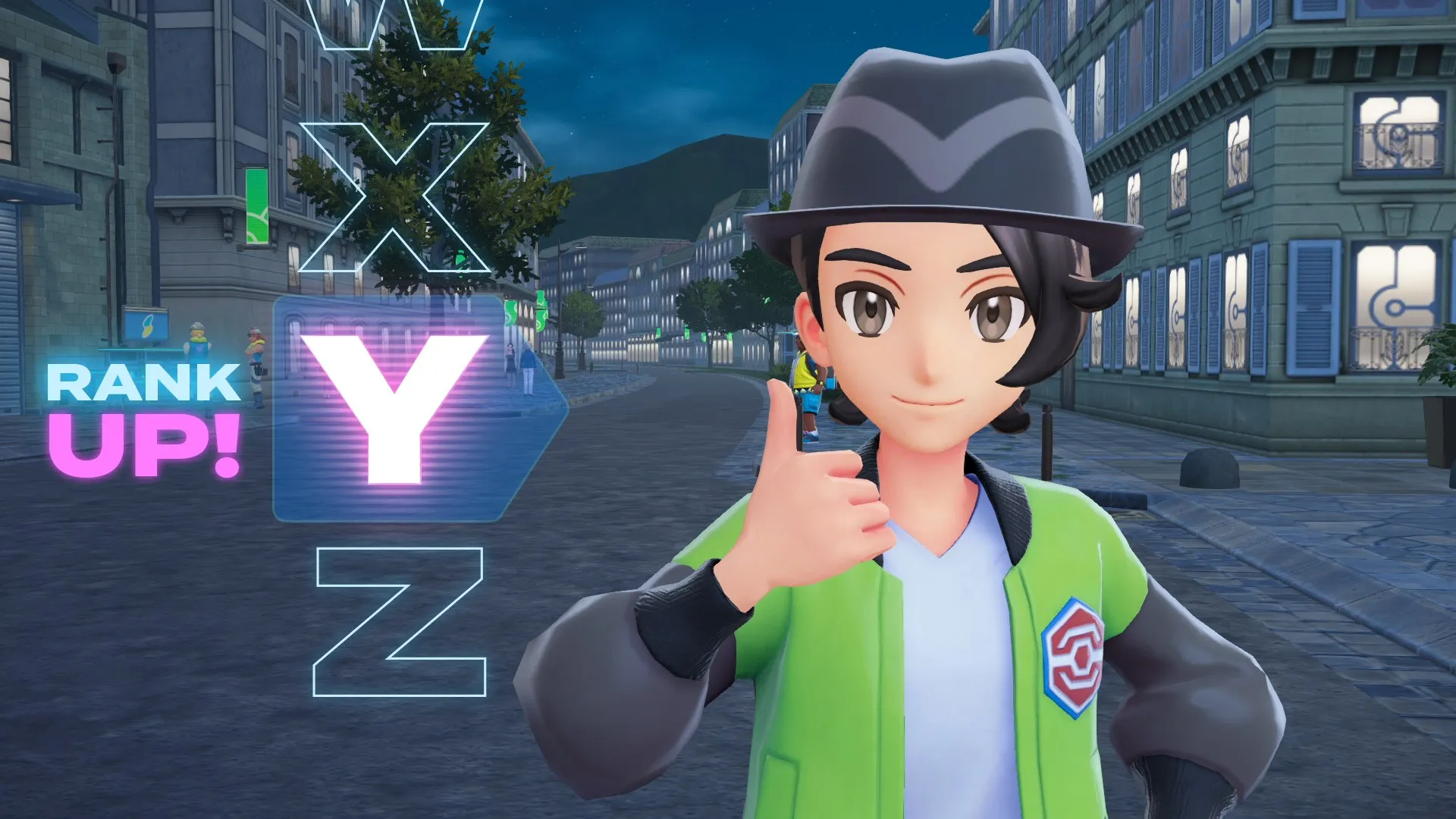 A player character ranking up to Rank Y, smiling and giving a thumbsup.