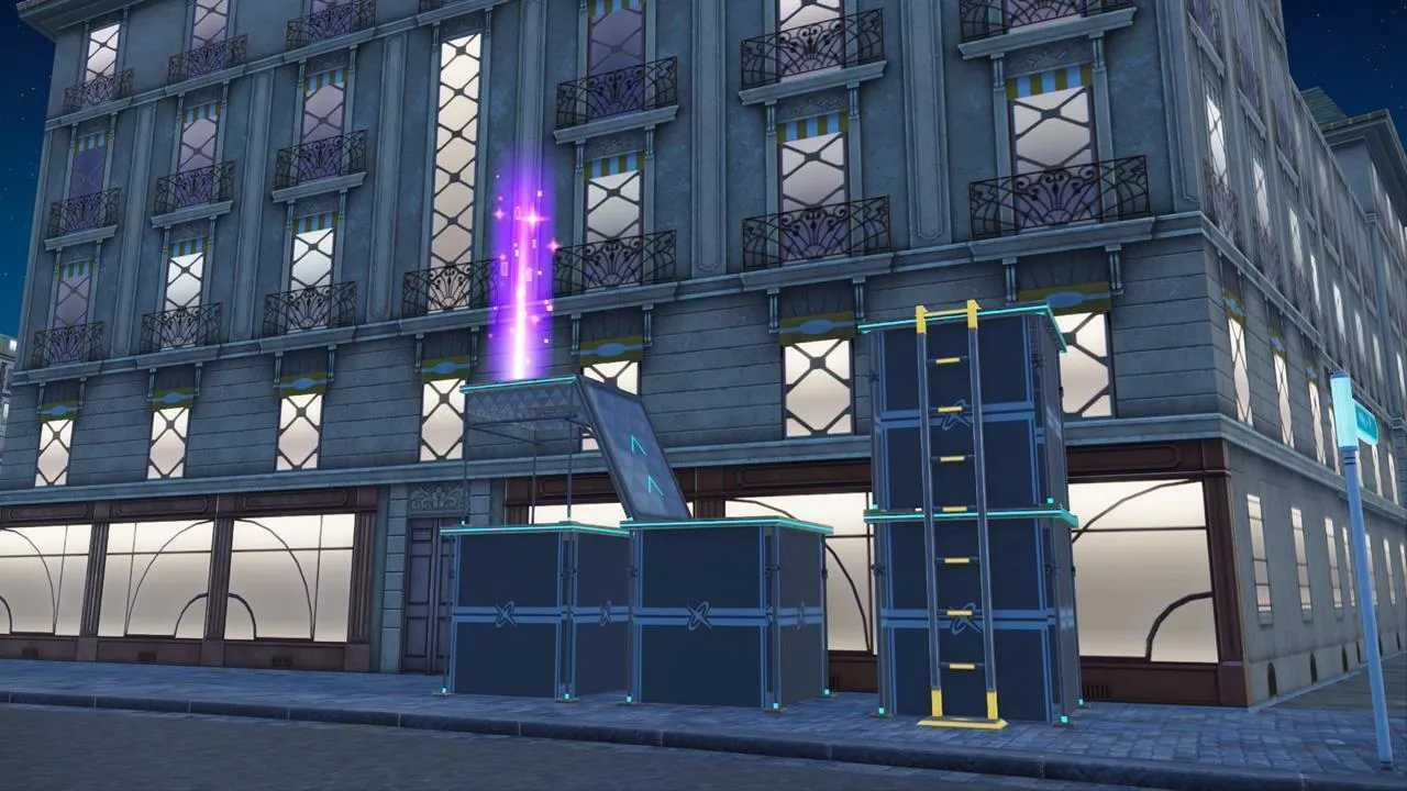 A scaffolding on top of which the purple glow of a Colorful Screw can be seen.
