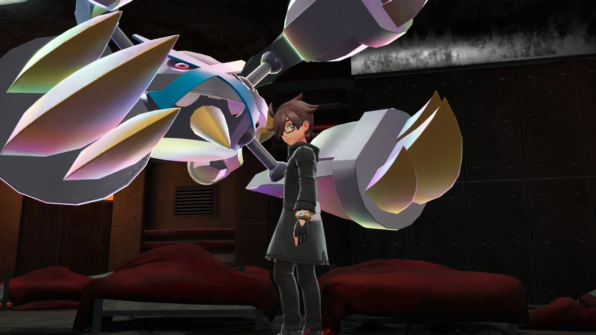 My player character looking at the camera, standing in front of a shiny Mega Metagross.